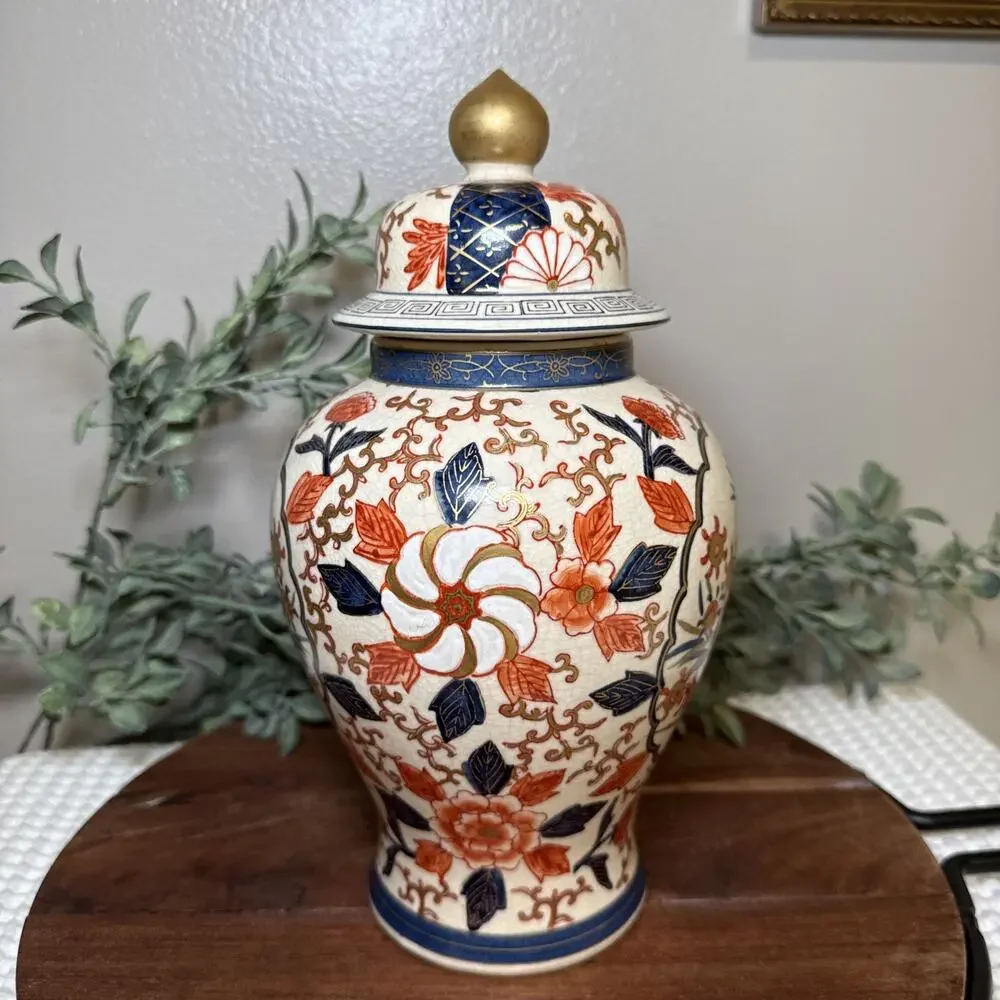 Vintage LJ Japan Imari Style Ginger Jar Lidded Vase Crackle Glaze Chinoiseri 11”